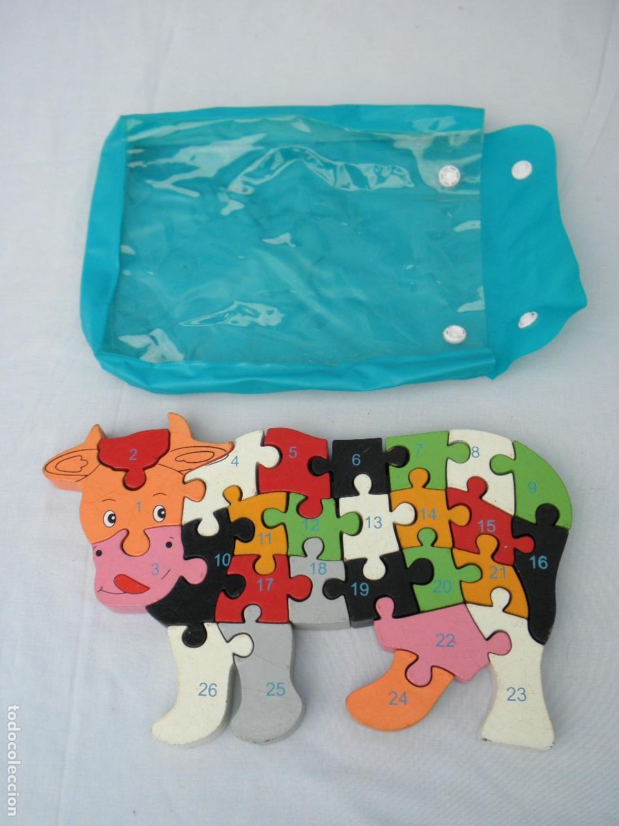 Puzzles: Antiguo puzzle Vaca multicolor de madera, para aprender n&uacute;meros y letras - Foto 1