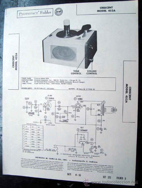 Radios antiguas: electronica, Documentacion tecnica tocadiscos Crescent mod. 452A - Foto 1