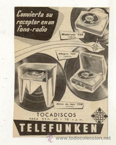 Radios antiguas: RECORTE PUBLICIDAD // TOCADISCOS TELEFUNKEN - Foto 1