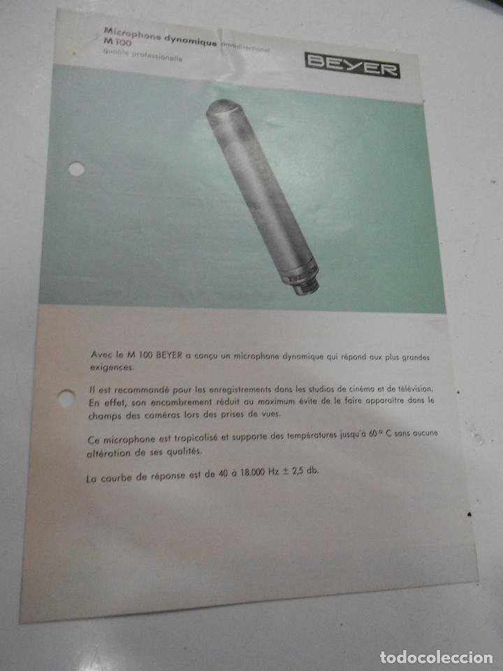 Radios antiguas: FICHA DESCRIPTIVA MICROPHONE DYNAMIQUE M 100 BEYER - Foto 1