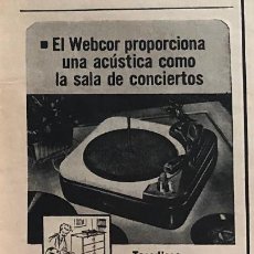 Radios antiguas: PUBLICIDAD DE PRENSA DE TOCADISCOS WEBCOR. ORIGINAL AÑO 1954. 7 X 18 CM. BUEN ESTADO.. Lote 265460264