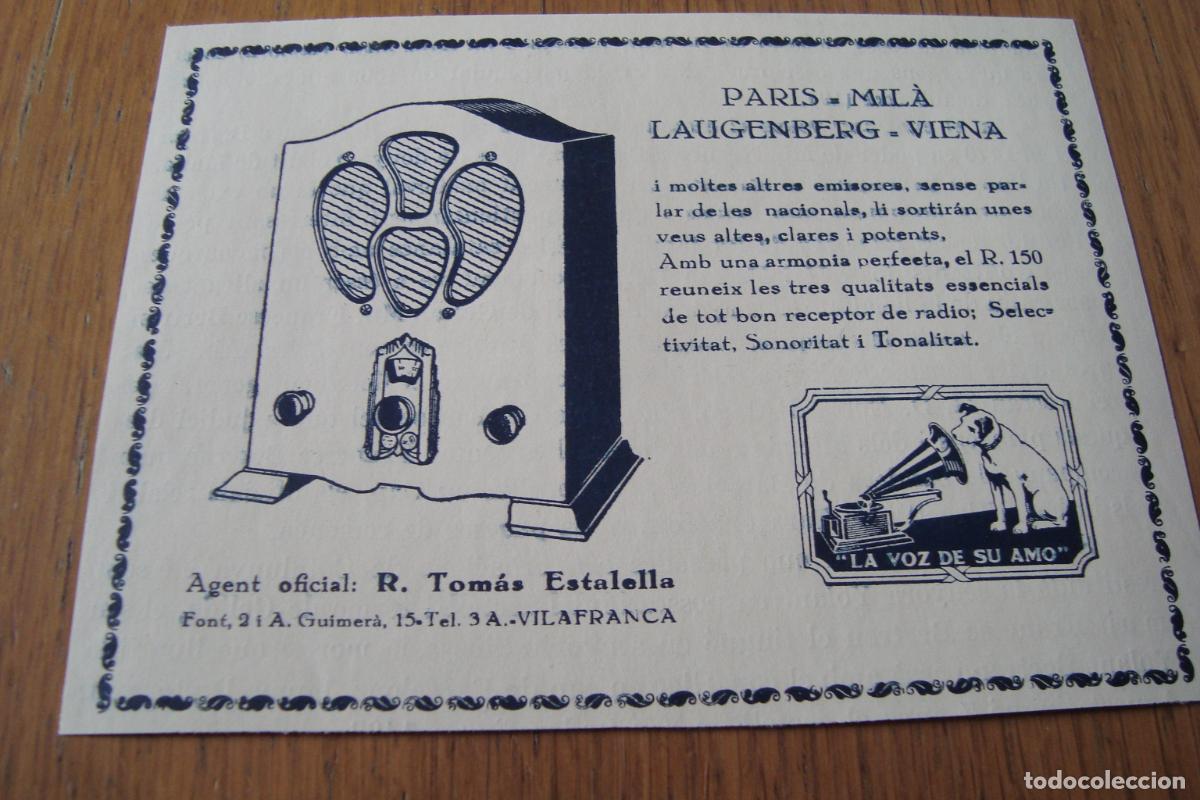 Radios antiguas: ANTIGUA PUBLICIDAD RADIO LA VOZ DE SU AMO. TOMAS ESTALELLA DE VILAFRANCA 1932