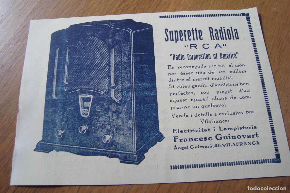 Radios antiguas: ANTIGUA PUBLICIDAD RADIO SUPERETTE RADIOLA RCA. LAMPISTERIA FRANCESC GUINOVART DE VILAFRANCA. 1932