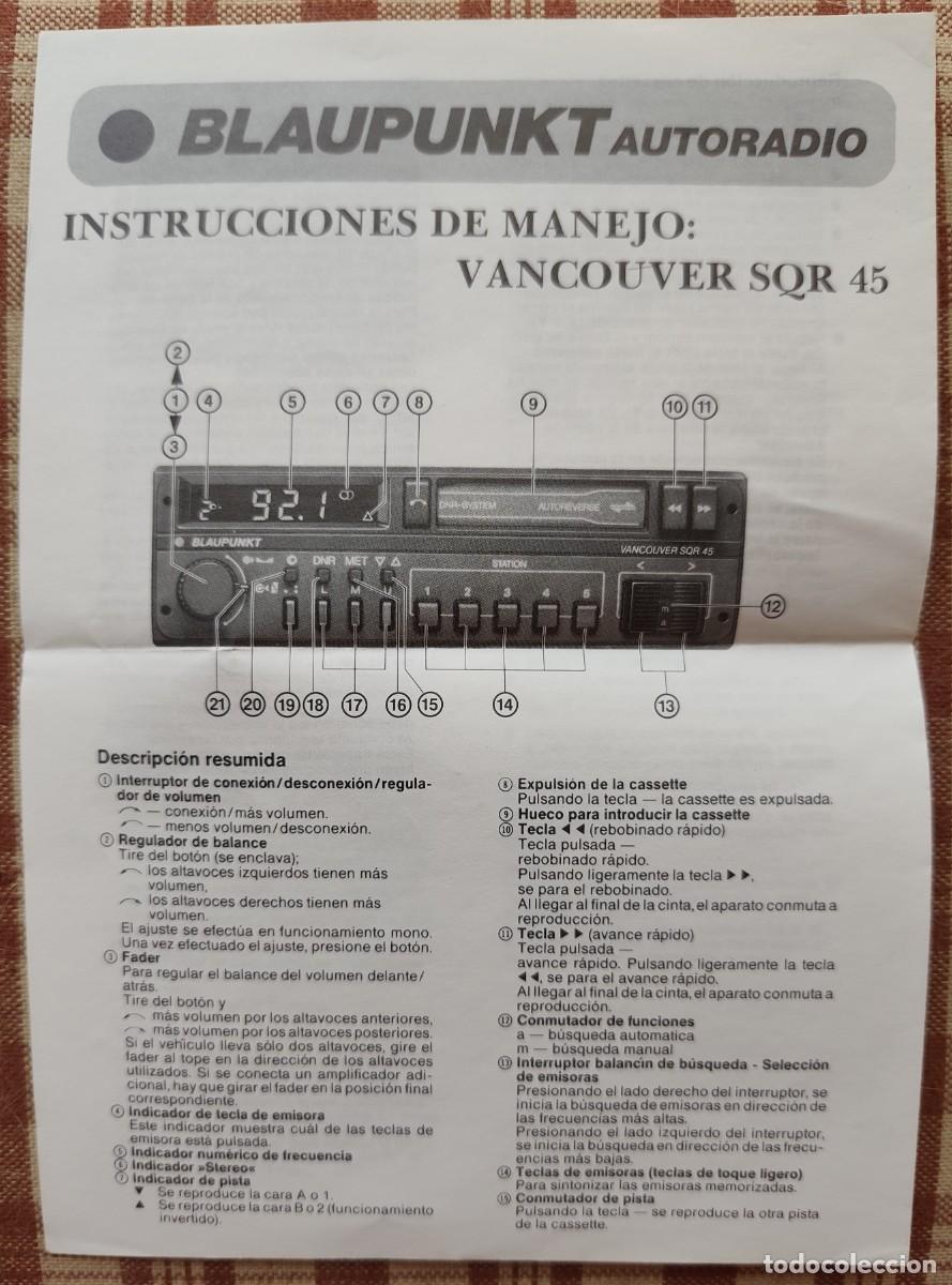 Radios antiguas: Blaupunkt Autoradio Instrucciones de Manejo Vancouver SQR 45