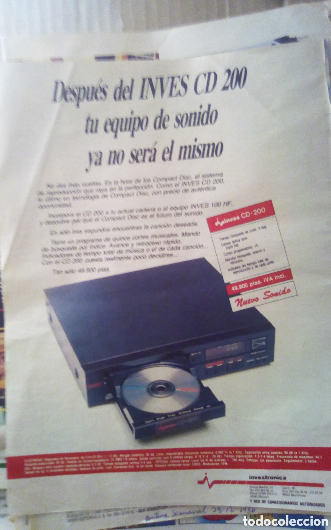 R&aacute;dios antigos: Publicidad Compact Disc Inves CD200. Antena semanal, n&deg; 315. Fecha 04-01-1987. Es 1 Hoja.