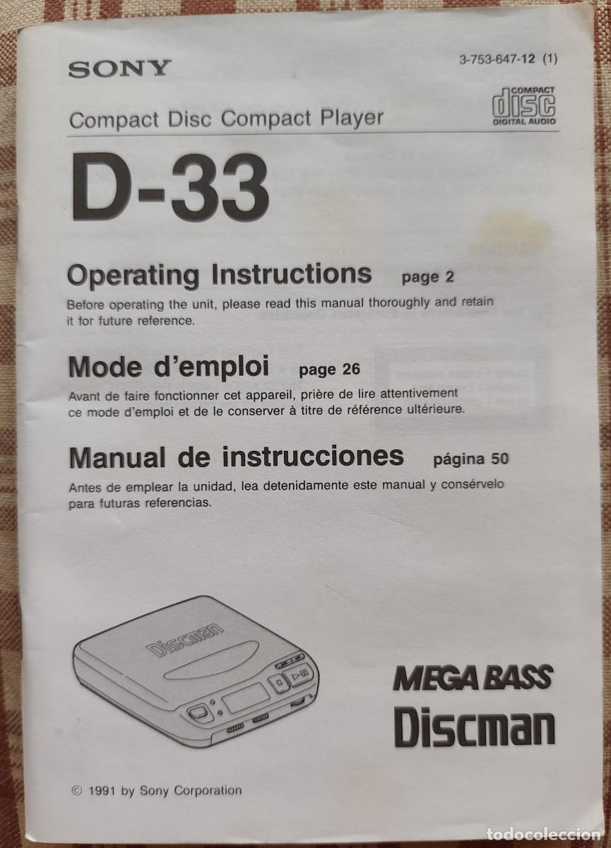 Radios antiguas: Sony Compact Disc Compact Player D-33 Manual de Instrucciones 1991
