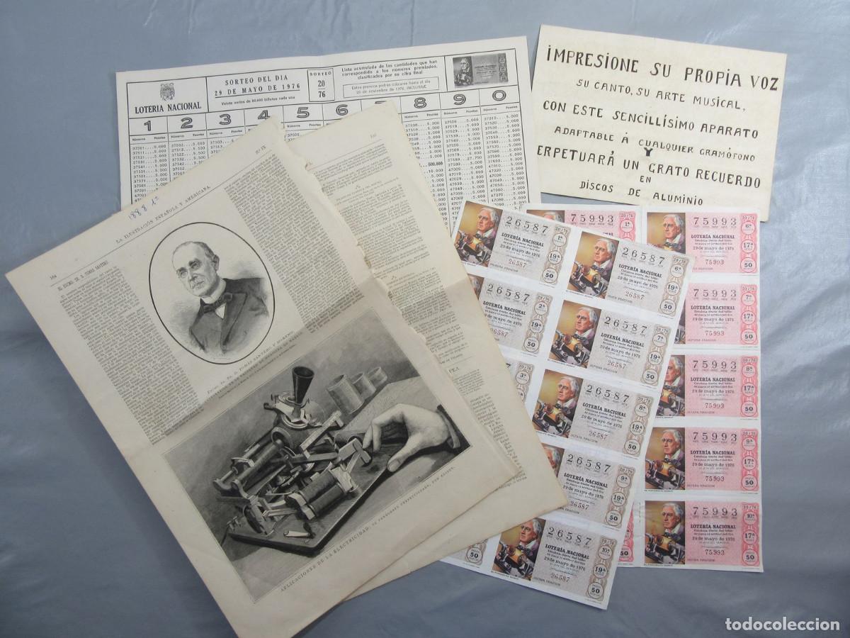Radios antiguas: Lote de Loter&iacute;a y Recortes de peri&oacute;dico relacionados con el fon&oacute;grafo de Edison. 1888 y 1976.