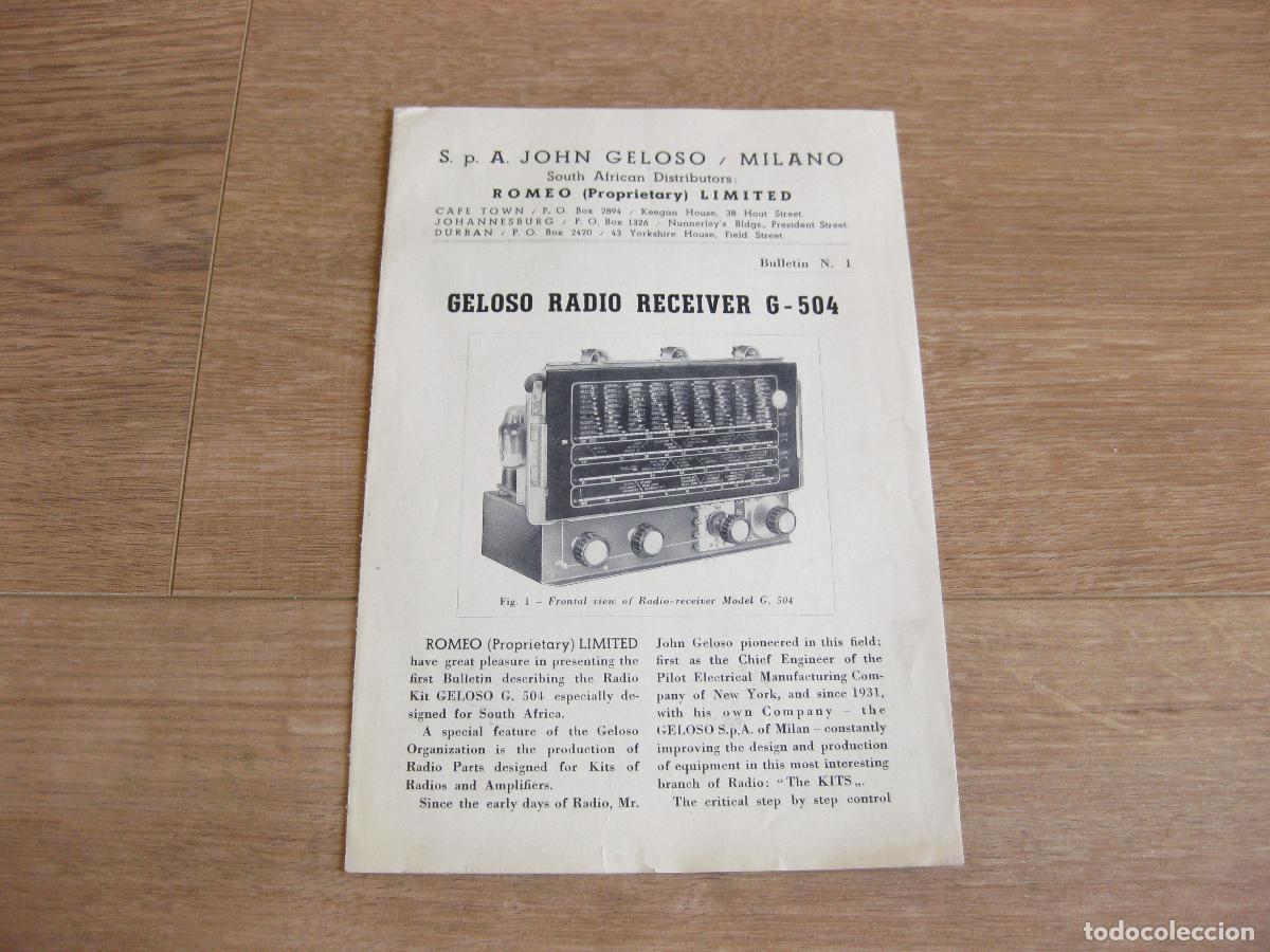 Radios antiguas: CAT&Aacute;LOGO CON CARACTER&Iacute;STICAS DEL APARATO GELOSO RADIO RECEPTOR SUPER G 504