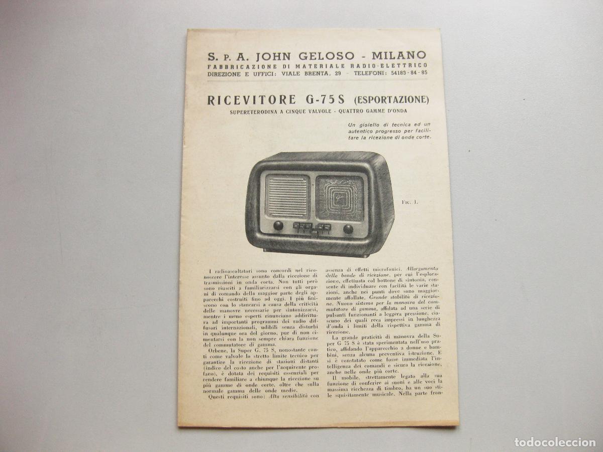 Radios antiguas: CAT&Aacute;LOGO CON CARACTER&Iacute;STICAS DEL APARATO GELOSO RADIO RECEPTOR SUPER G 75 S. DATOS T&Eacute;CNICOS