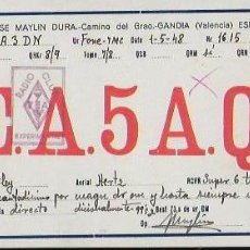 Radios antiguas: QSL CARD. EA5AQ. JOSÉ MAYLIN DURA. GANDIA - [ SALVADOR GARRETA. BARCELONA ] 1948. Lote 135581346