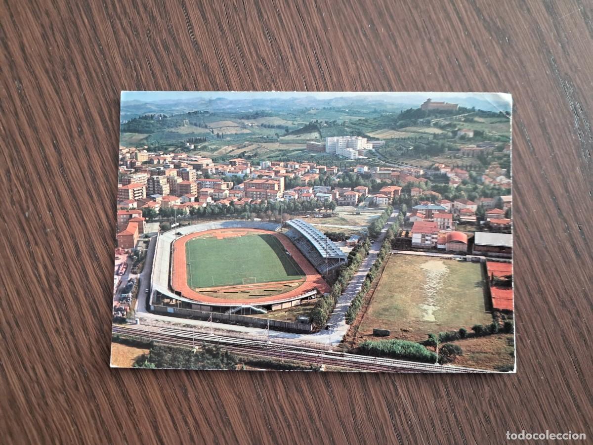 Radios antiguas: postal QSL radioaficionados, Cesena, campo de futbol, Italia, a&ntilde;o 1975.