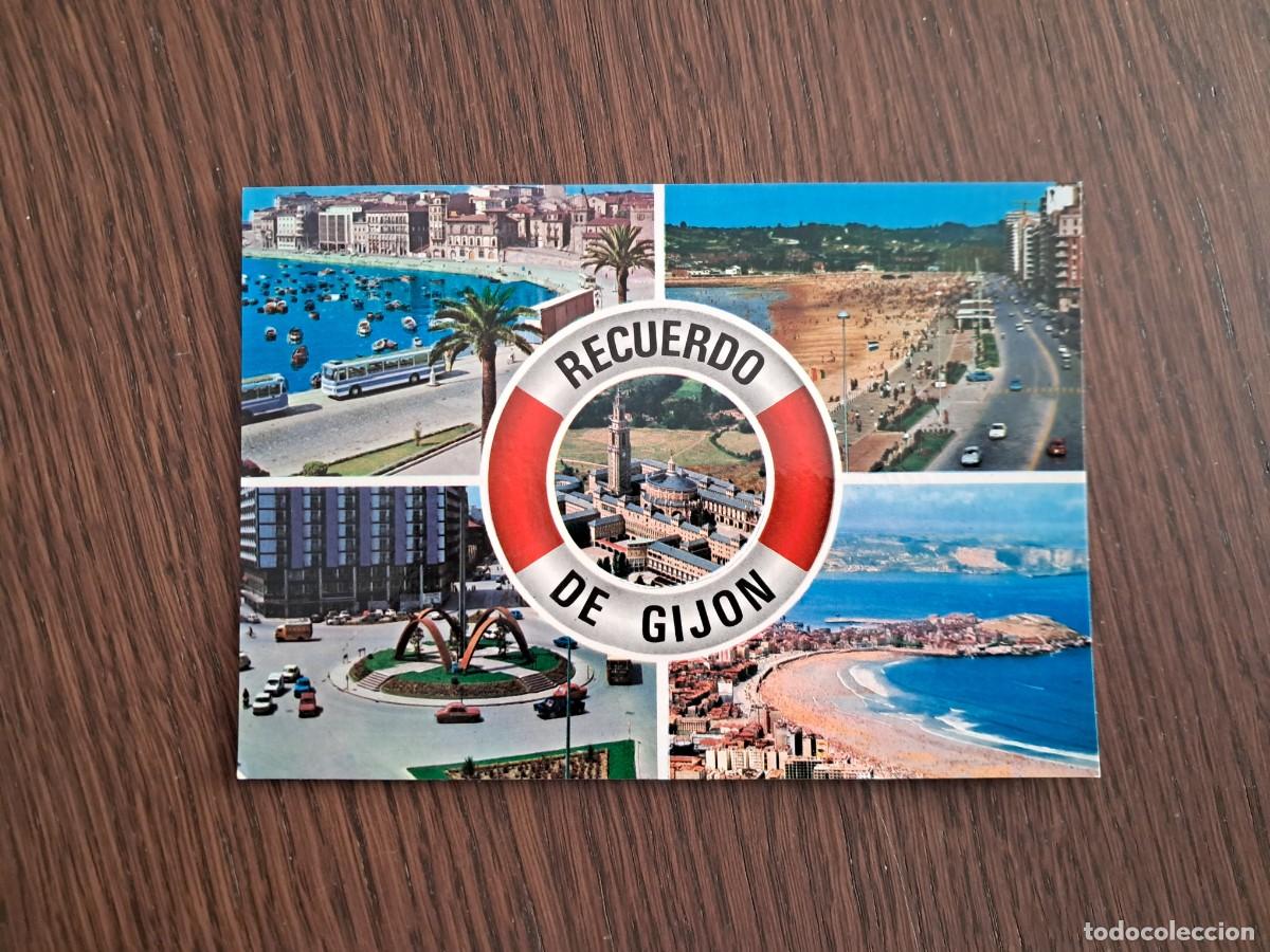 Radios antiguas: postal QSL radioaficionados, diferentes vistas de Gij&oacute;n, a&ntilde;o 1975.