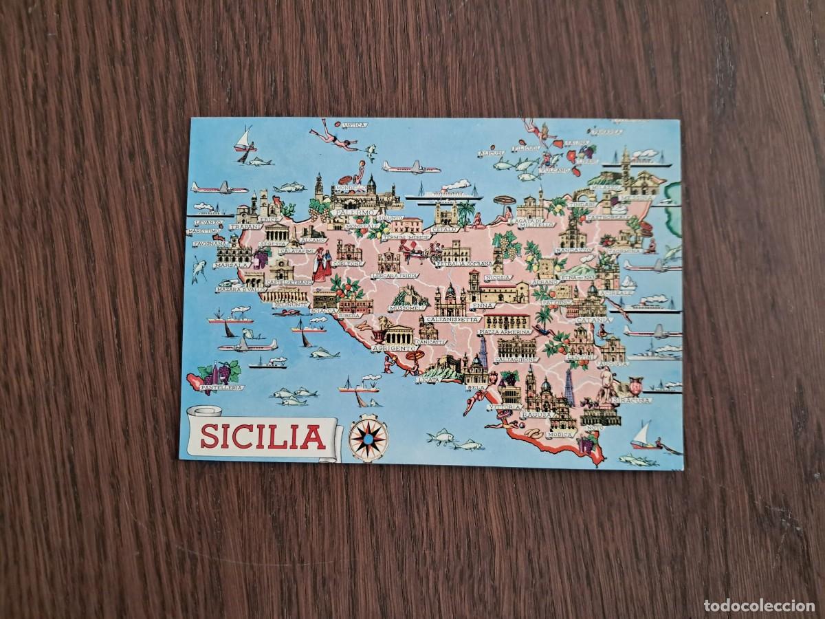 Radios antiguas: postal QSL radioaficionados, plano, mapa de Sicilia, Italia, a&ntilde;os 70.