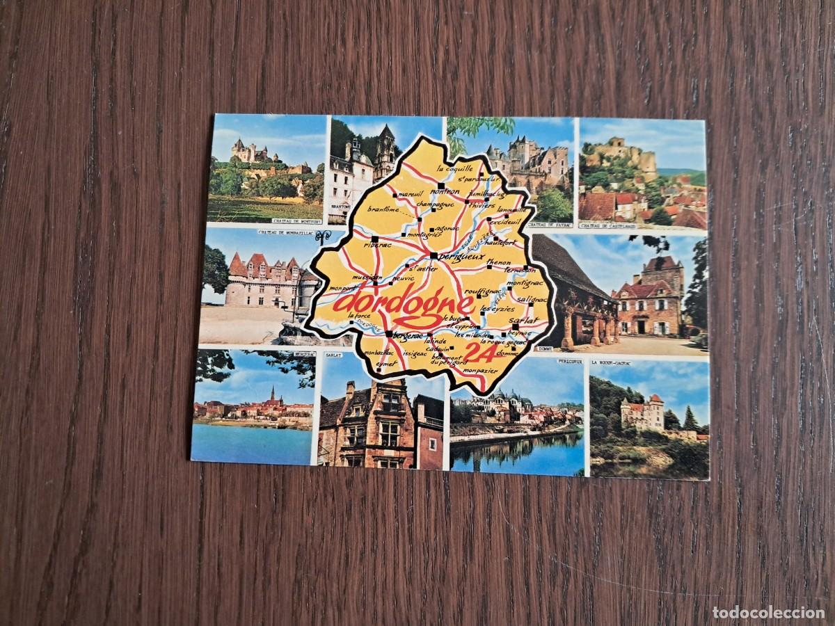 Radios antiguas: postal QSL radioaficionados, mapa y diferentes vistas de Dordogne, Francia, a&ntilde;o 1974.