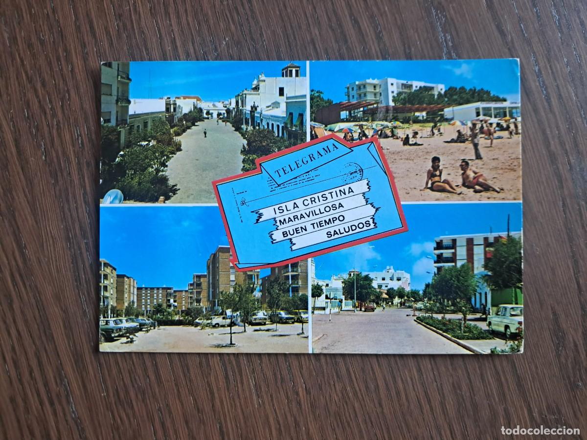 Radios antiguas: postal QSL radioaficionados, diferentes vistas de Isla Cristina, Huelva, a&ntilde;o 1974.