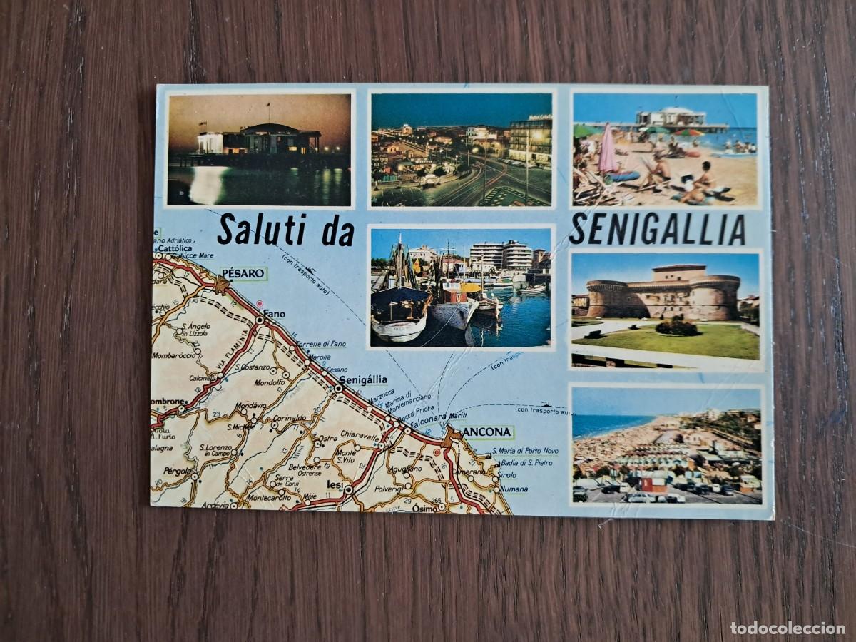 Radios antiguas: postal QSL radioaficionados, diferentes vistas de Senigallia, Italia, a&ntilde;o 1974.