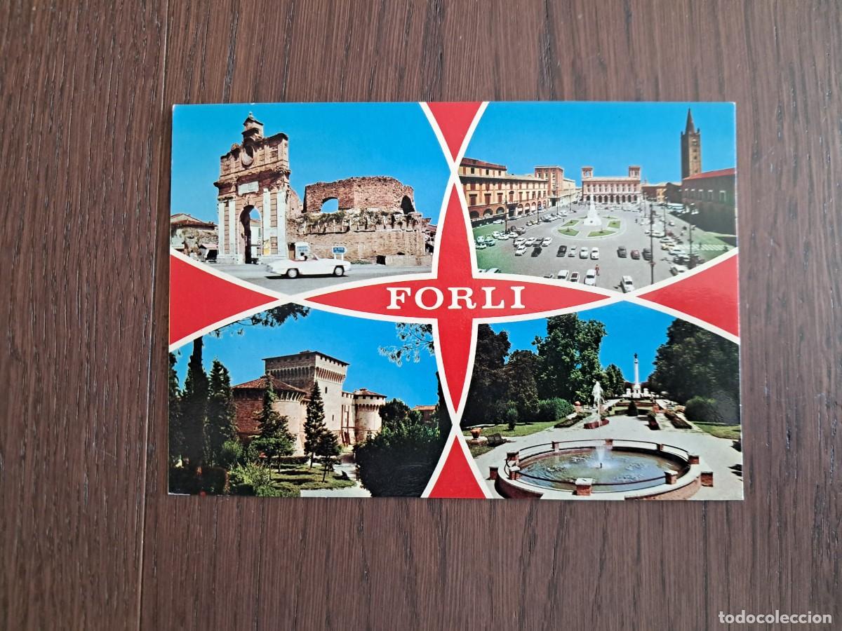 Radios antiguas: postal QSL radioaficionados, diferentes vistas de Forli, Italia, a&ntilde;os 70.