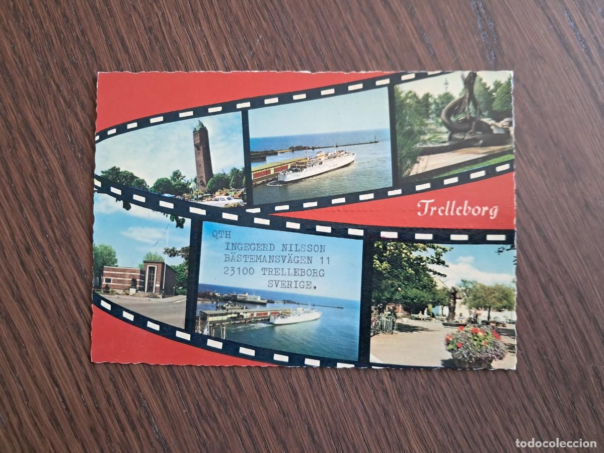 Radios antiguas: postal QSL radioaficionados, diferentes vistas de Trelleborg, Suiza, a&ntilde;o 1974.