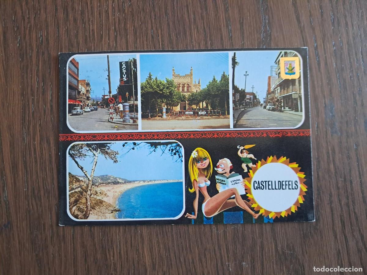 Alte Radios: postal QSL radioaficionados, diferentes vistas de Castelldefels, Barcelona, a&ntilde;o 1975.