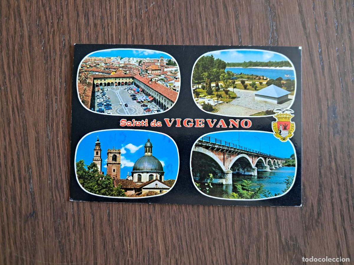 Radios antiguas: postal QSL radioaficionados, diferentes vistas de Vigevano, Italia, a&ntilde;o 1974.