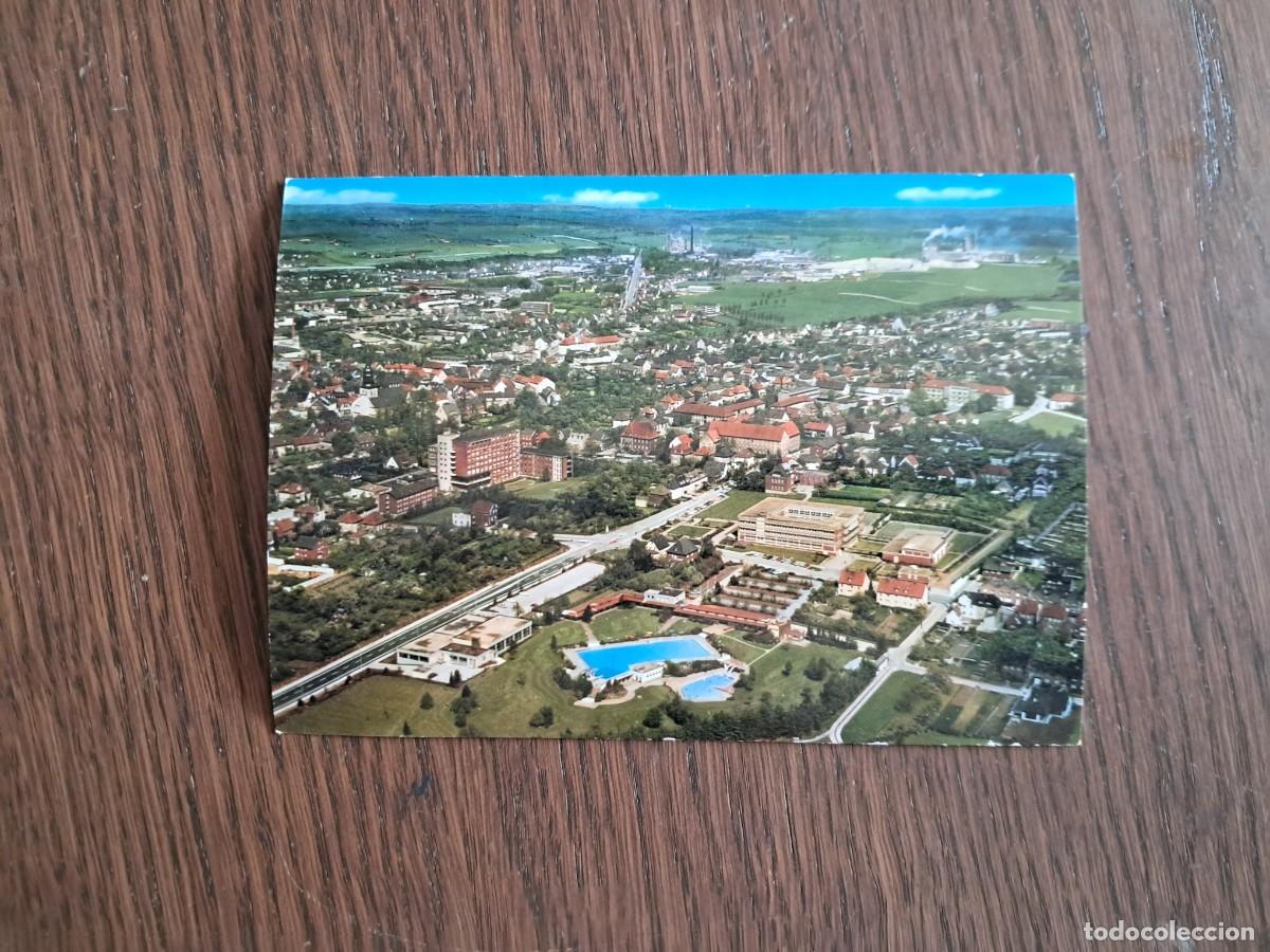 Radios antiguas: postal QSL radioaficionados, vista panor&aacute;mica Beckum, Alemania, a&ntilde;o 1975.