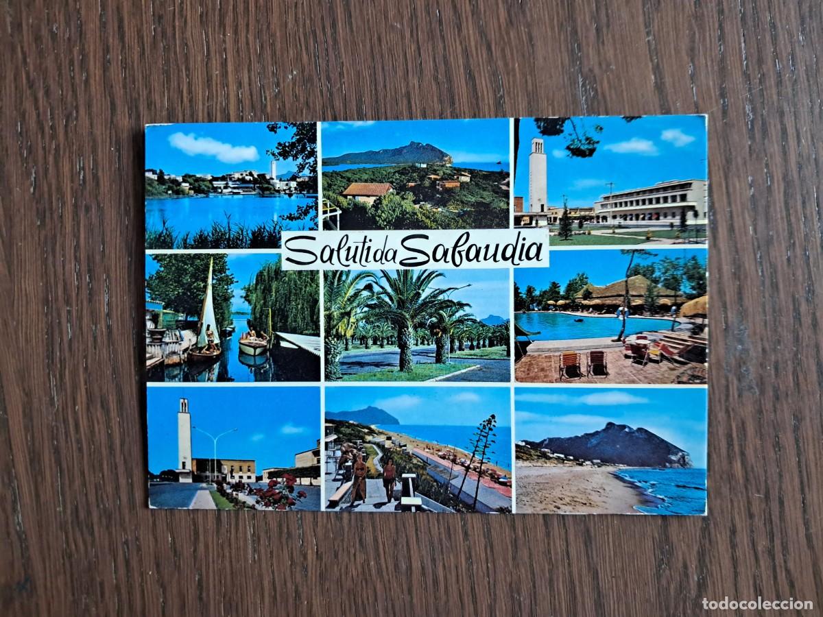 Radios antiguas: postal QSL radioaficionados, diferentes vistas de Sabaudia, Italia, a&ntilde;o 1974.