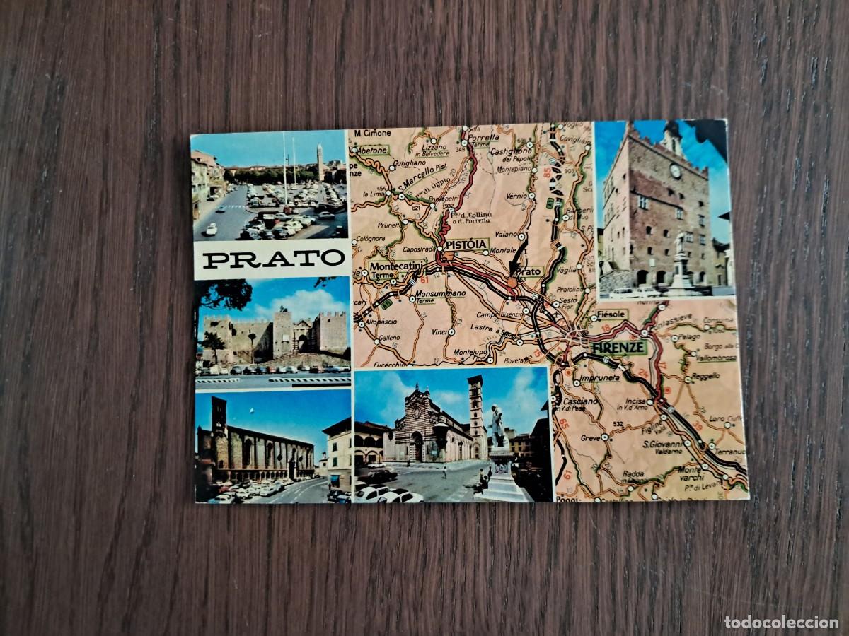 R&aacute;dios antigos: postal QSL radioaficionados, diferentes vistas de Prato, Italia, a&ntilde;o 1974.