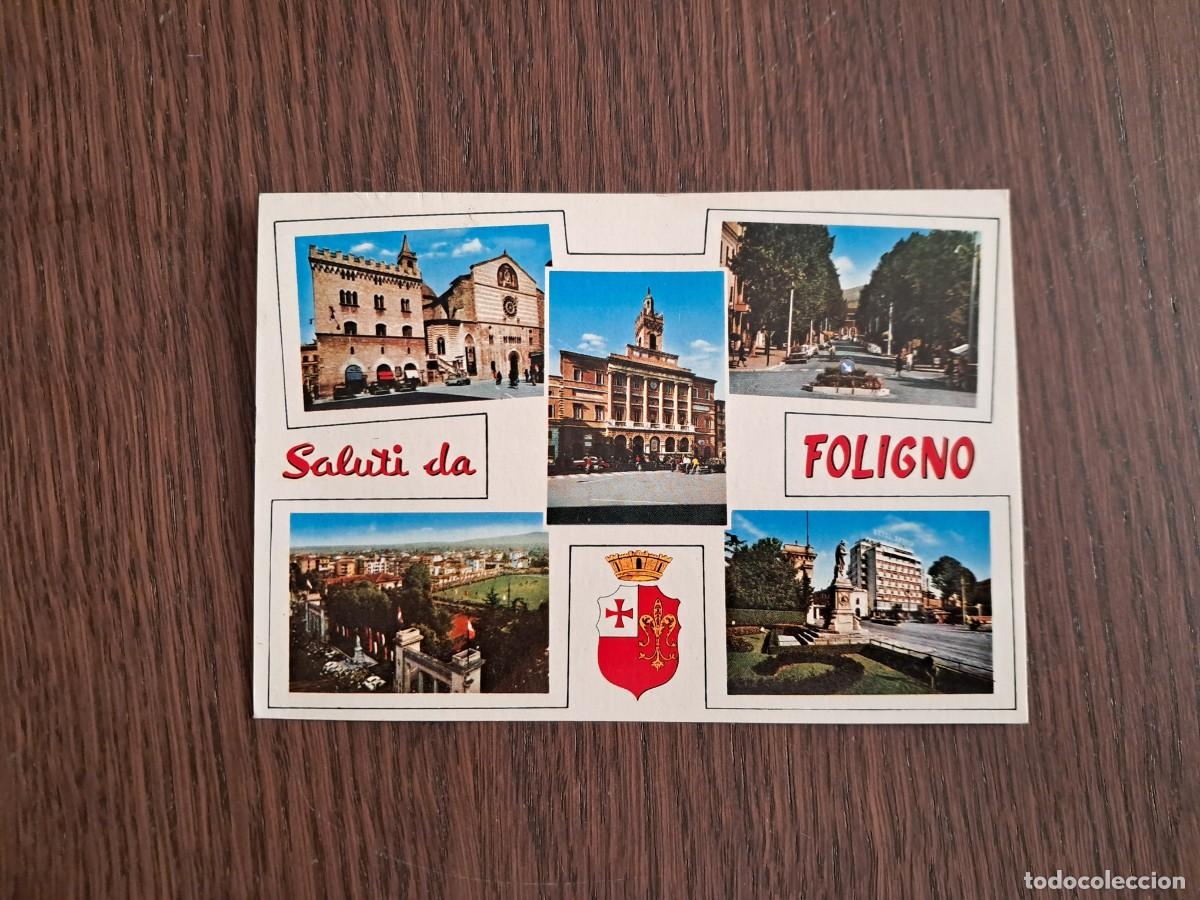 Radios antiguas: postal QSL radioaficionados, diferentes vistas de Foligno, Italia, a&ntilde;o 1974.