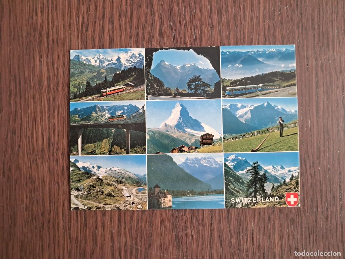 Radios antiguas: postal QSL radioaficionados, diferentes vistas de Suiza, tren, tranv&iacute;a. a&ntilde;o 1974.