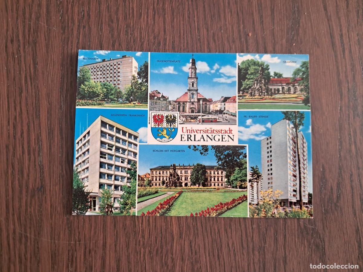 Radios antiguas: postal QSL radioaficionados, diferentes vistas de Erlangen, Alemania, a&ntilde;os 70.