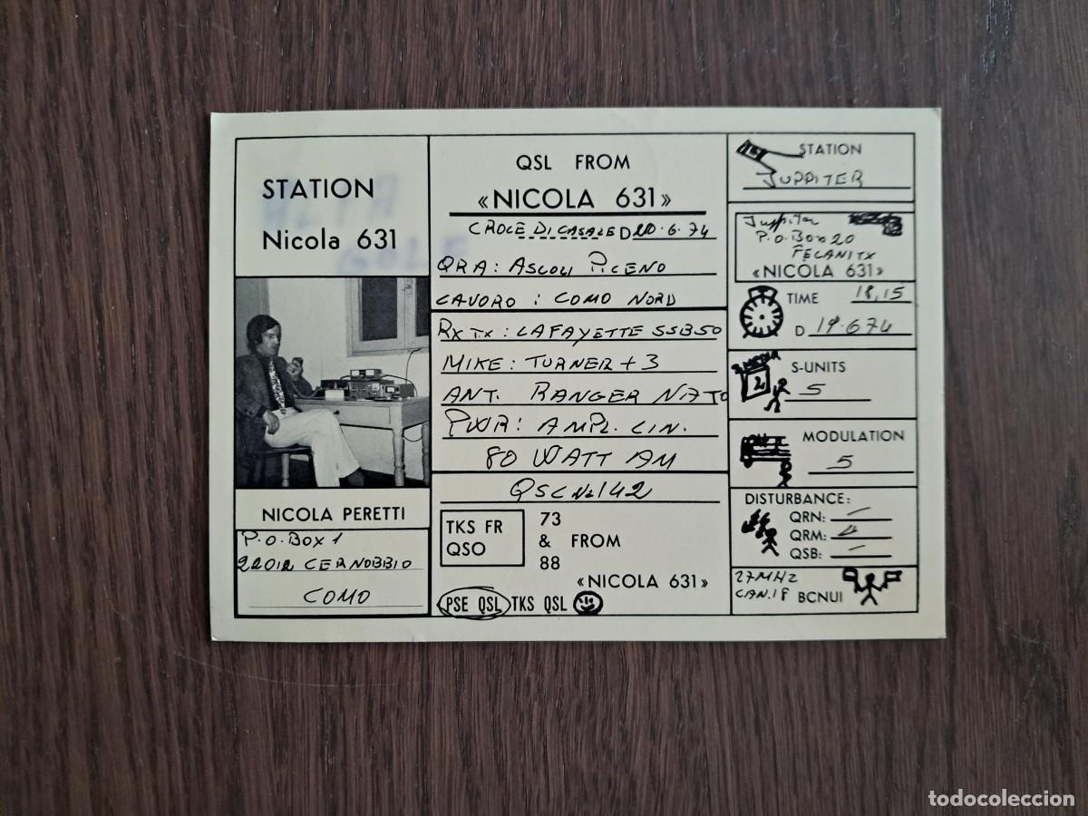 Radios antiguas: tarejta postal QSL radioaficionados, Station Nicola 631, Como, Italia, a&ntilde;o 1974.