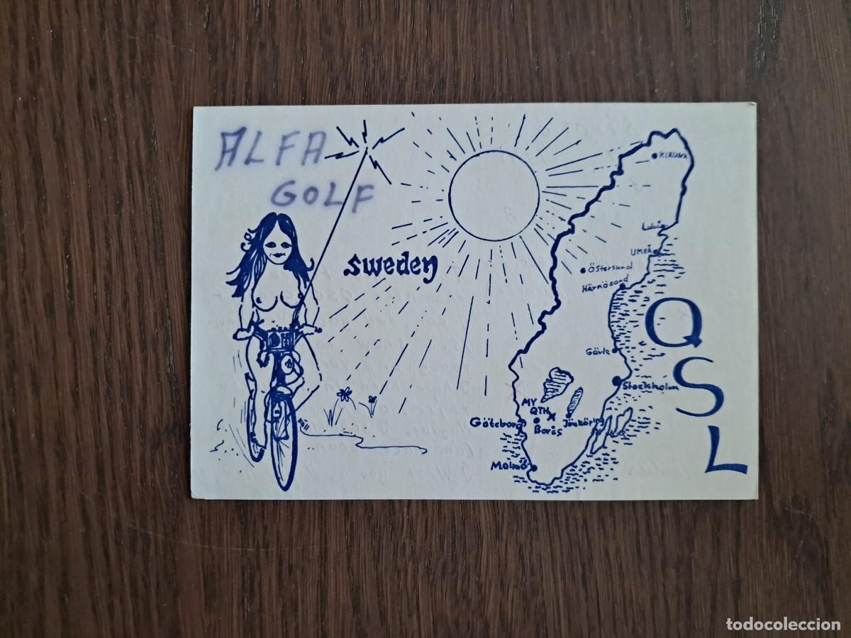 Radios antiguas: tarejta postal QSL radioaficionados, Alfa golf, Sweden, Suecia, a&ntilde;o 1974.