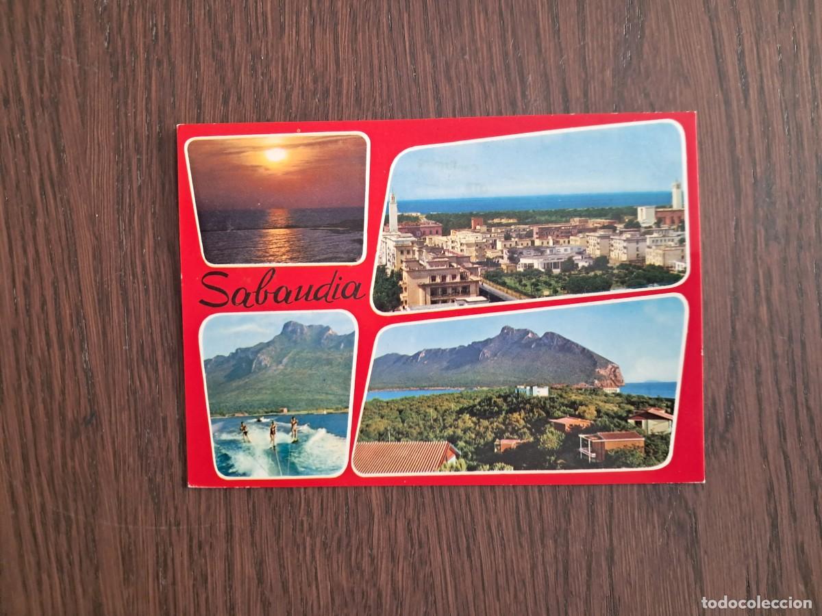 Radios antiguas: postal QSL radioaficionados, diferentes vistas de Sabaudia, Italia, a&ntilde;o 1974.