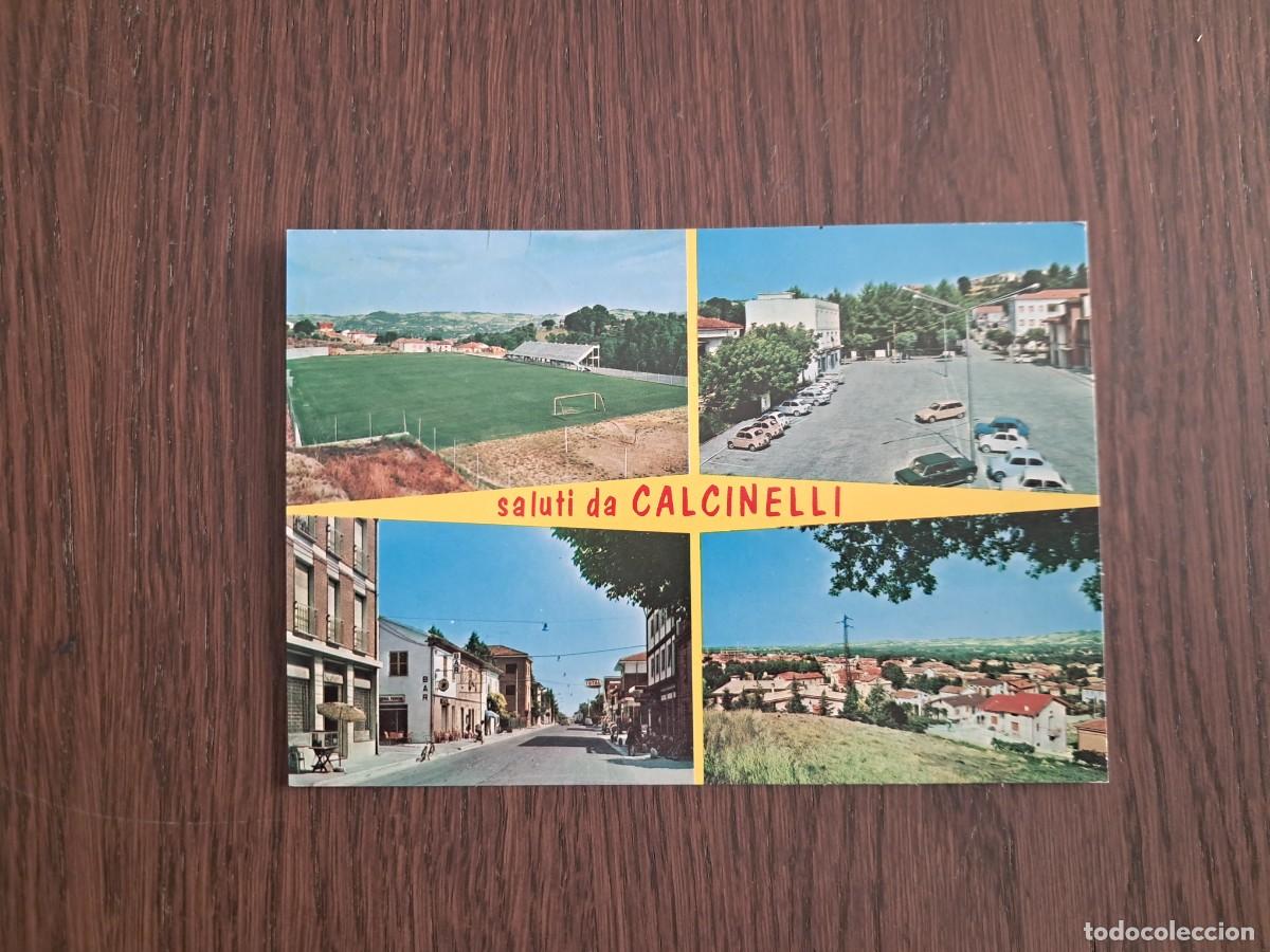 Radios antiguas: postal QSL radioaficionados, diferentes vistas de Calcinelli, campo de futbol. Italia, a&ntilde;o 1974.