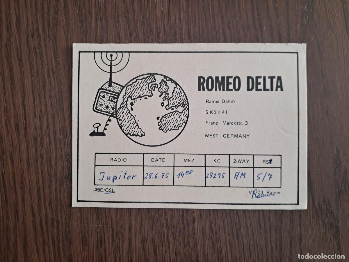 Radios antiguas: tarjeta postal QSL radioaficionados, Romeo delta, Alemania, a&ntilde;o 1975.