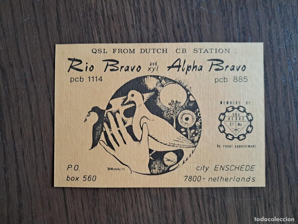 Radios antiguas: tarjeta postal QSL radioaficionados, rio bravo and Xly Alpha bravo, Holanda, a&ntilde;o 1975.