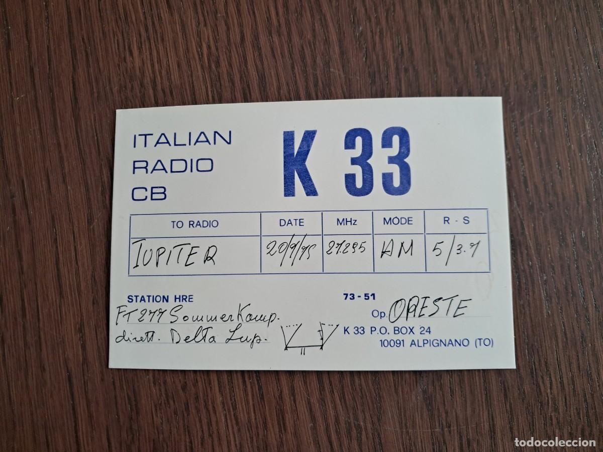 Radios antiguas: tarjeta postal QSL radioaficionados, Italina Radio CB, K33, Italia, a&ntilde;o 1975.