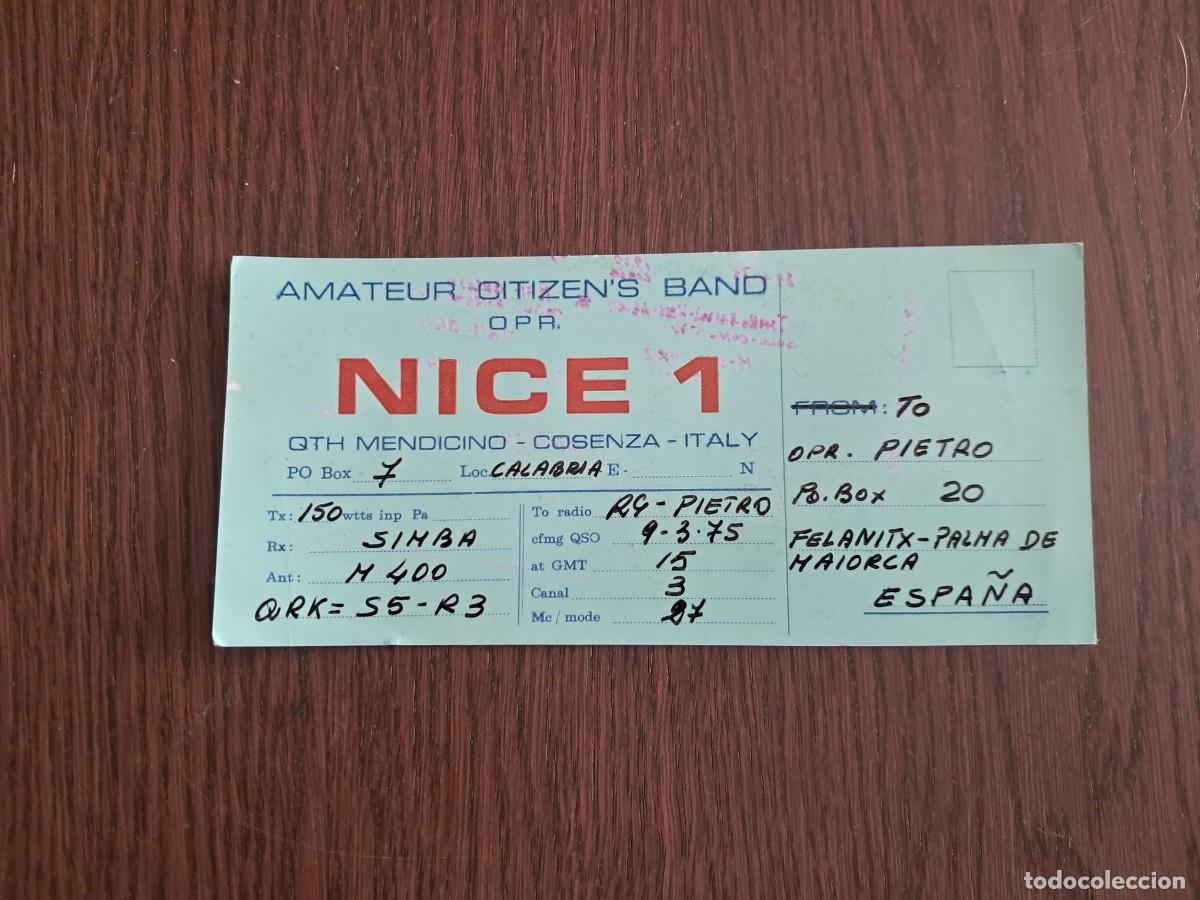Radios Anciennes: tarjeta postal QSL radioaficionados, Nice 1, Cosenza, Italia, a&ntilde;o 1975.