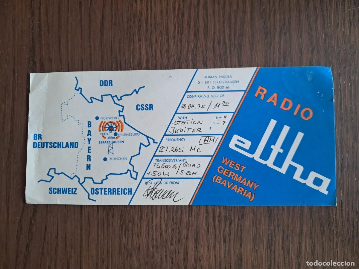 Radios antiguas: tarjeta postal QSL radioaficionados, Radio Eltha, Alemania, a&ntilde;o 1975.