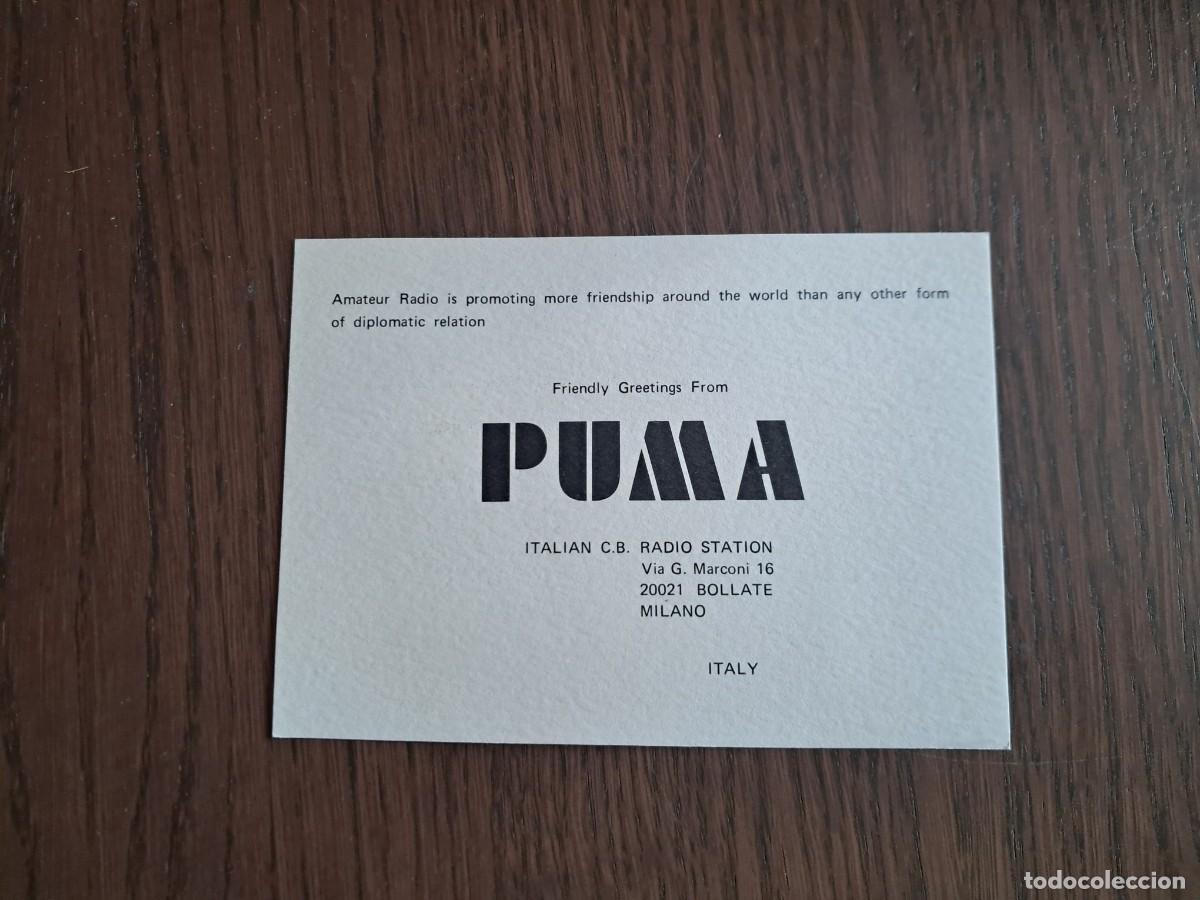 Radios antiguas: tarjeta postal QSL radioaficionados, Italian CB radio station, Puma, Mil&aacute;n, Italia, a&ntilde;o 1974.