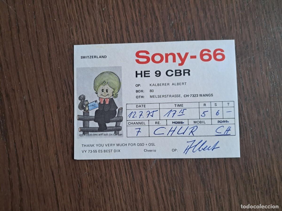 Radios antiguas: tarjeta postal QSL radioaficionados, Sony-66, Suiza, a&ntilde;o 1975.