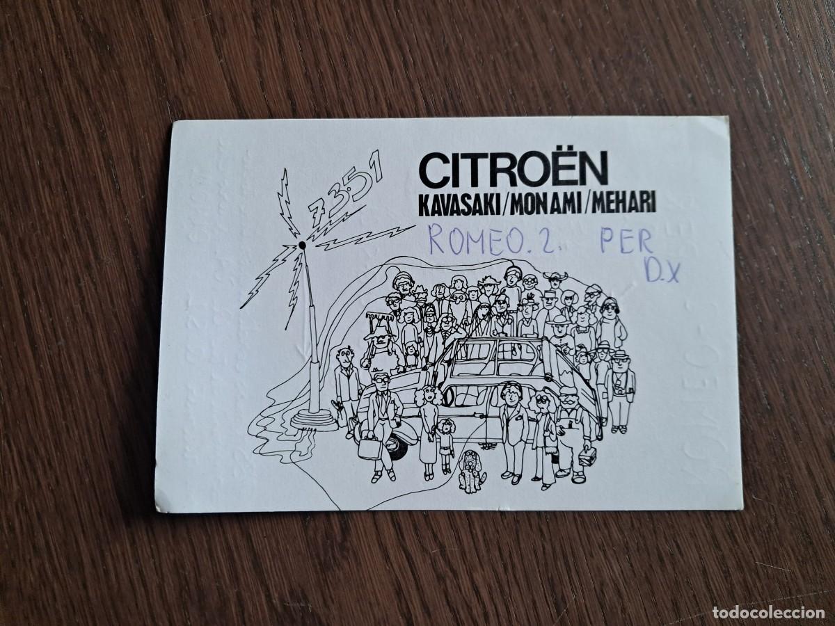 Radios antiguas: tarjeta postal QSL radioaficionados, Citro&euml;n, Kavasaki, monami, mehari, Romeo-2, Italia, a&ntilde;o 1974