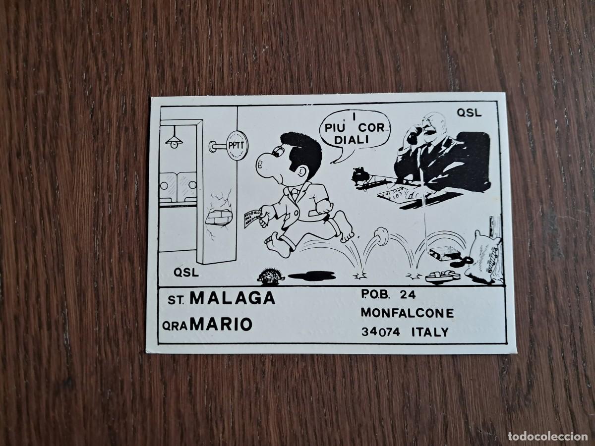 Radios antiguas: tarjeta postal QSL radioaficionados, ST Malaga, Monfalcone, Italia, a&ntilde;o 1974.