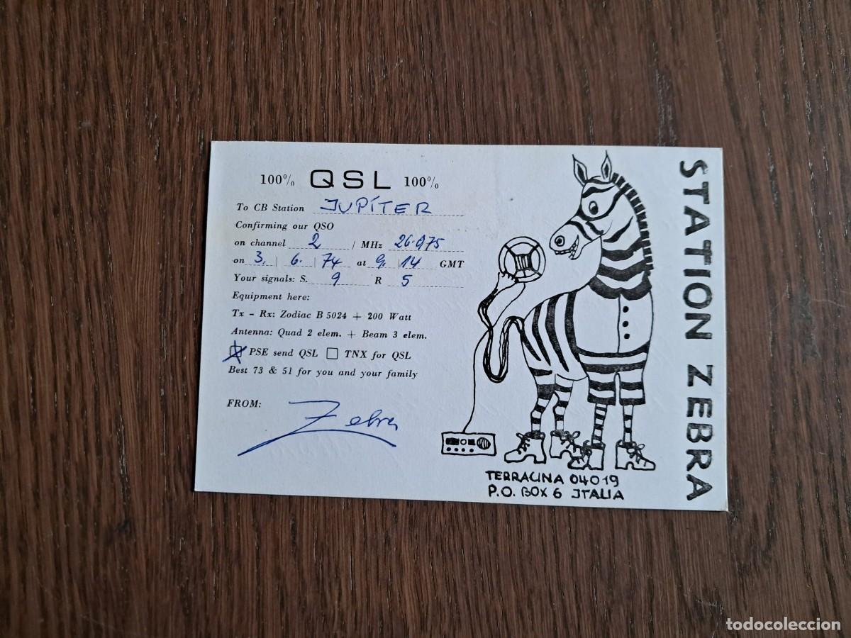 Radios antiguas: tarjeta postal QSL radioaficionados, Station Zebra, Terracina, Italia, a&ntilde;o 1975.