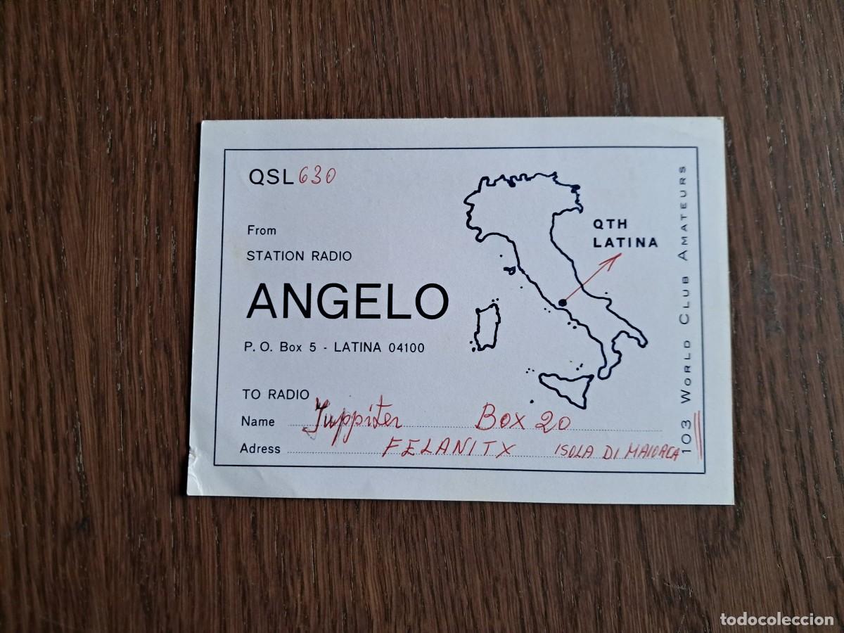 Radios antiguas: tarjeta postal QSL radioaficionados, Station radio Angelo, Latina, Italia, a&ntilde;o 1974.