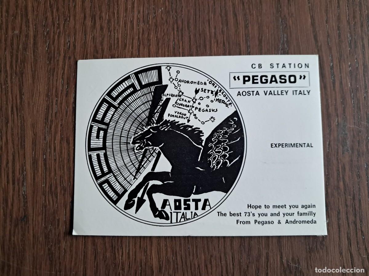 Radios antiguas: tarjeta postal QSL radioaficionados, CB station Pegaso, Aosta, Italia, a&ntilde;o 1974.