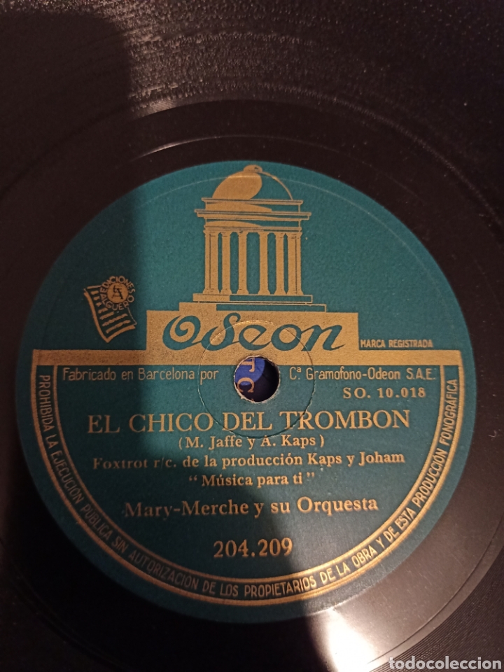 Gram&oacute;fonos y gramolas: OdeonEl chico del trombon(M. Jaffe y A. Kaps)Disco pizarra - Foto 3