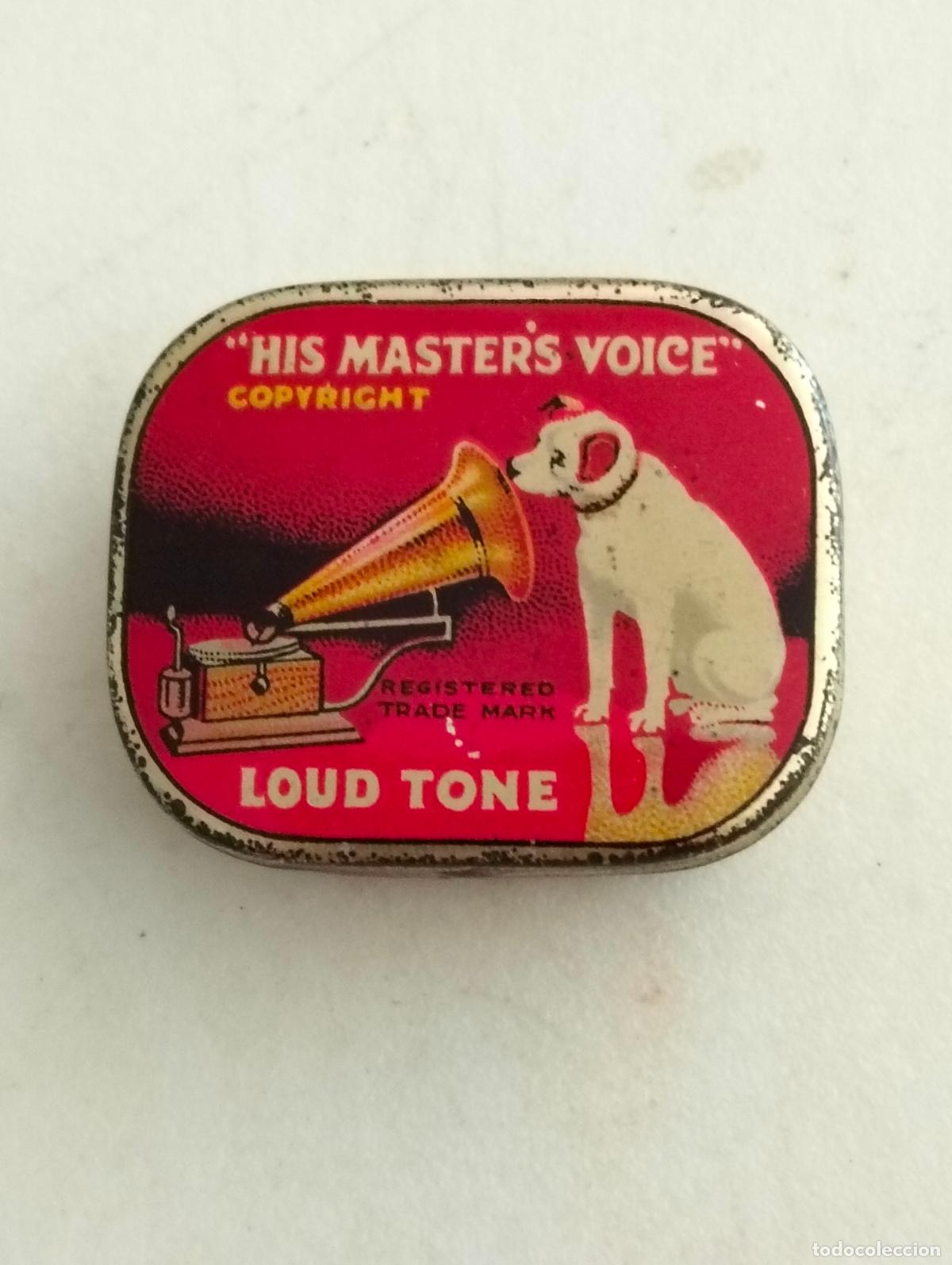 Gramofones e jukeboxes: ANTIGUA CAJA DE AGUJAS GRAMOFONO, HIS MASTER VOICE, LOUD TONE, MADE IN ENGLAND, CON AGUJAS