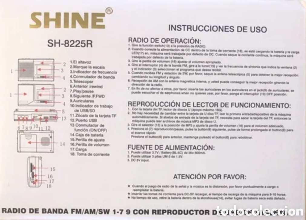 Radios antiguas: RADIO TRANSISTOR SHINE SH-8225R COMO NUEVO - Foto 12