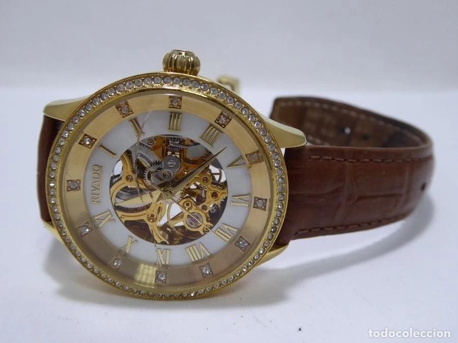 Relojes autom&aacute;ticos: Rivado Autom&aacute;tico Skeleton Dorado 37mm &ndash; Cristales, Correa Cuero &ndash; FUNCIONA (Cristal roto)